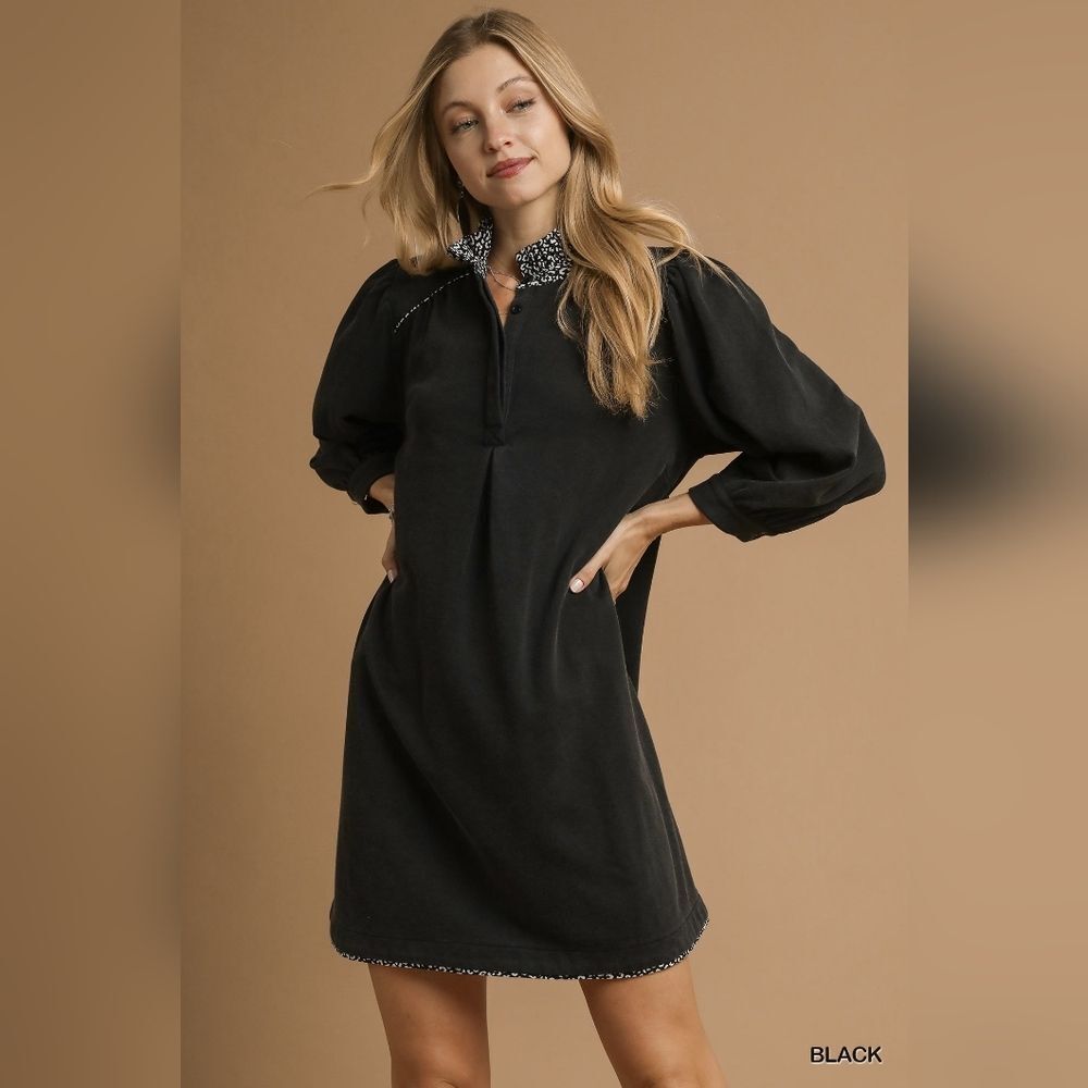 Umgee French Terry Balloon Sleeve Shift Dress with Leopard Print Detail sz Small - Picture 2 of 5